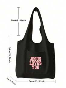 Letter Print Shopping Bag, Multi-Pocket Casual Bag, Vintage Letter Print Tote Bag, Jesus Love You Christian Print Cosmetic Bag, Large Capacity Tote Bag, Casual Hobo Bag Crossbody Bag For Graduates, Teen Girls, Freshmen, Sophomores, Juniors And Seniors (College And High School), Great For Outdoors, Travel And Back To School, Teacher Gift Pencil Case, Birthday Gift For Her Best Friend, School Shoulder Bag - Black - View 5