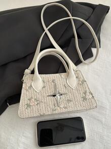 2025 新款跨境别致草编蕾丝女士沙滩包，艺术小方形手提包，单肩包和斜挎包 - 白色 - 查看 9