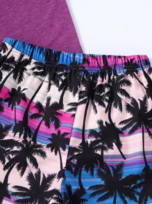 Set casual de 2 piezas: Camiseta de tirantes con estampado de árbol y pantalones cortos hawaianos de cintura elástica para niños