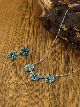 3件套绿松石银色首饰套装：耳环和项链，波西米亚风、西部风、复古风，适合多种搭配