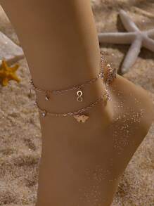 2pcs/Set Summer Sexy Gold Rhinestone Winged Butterfly & Star Anklet Set, Suitable For Women Daily Casual Beach Holiday Wear - Yellow Gold - View 3