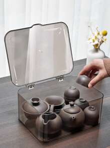 1pc Tea Storage Box With Cover, Transparent Dust-Proof Tea Table Tea Leaves Teacup Organizer, Tea Set Holder