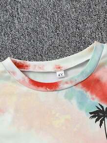2pcs/Set Young Boy Palm Tree Tie-Dye Print Crew Neck Short Sleeve T-Shirt And Label Applique Shorts Set, Suitable For Vacation, Summer, Beach, Casual, Daily Wear, Party - Red - View 3