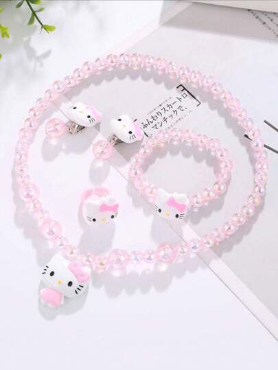 Sanrio Conjunto de joyería de 5 piezas con tema de Hello Kitty para adolescentes, que incluye collar, pulsera, aretes y anillo de perlas acrílicas