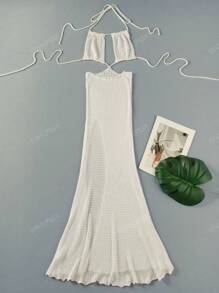 Sexy Cut Out Backless Tie Side Slit Knit Dress Summer White Backless Chic Hanging Neck Swimsuit Bikini Cover-Ups