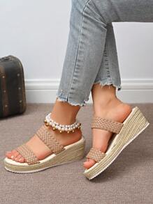 Women's Classic Fashion Casual Elegant Comfortable Beach Resort Beach Bohemian Versatile Lightweight Wedge Thick Bottom Fashionable Woven Hemp Rope Sandals, Multiple Colors Available