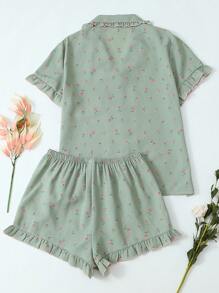 2pcs Women Floral Lace Trim Collared Short Sleeve Pocket Top And Shorts Pajama Set, Comfortable Home Wear For Spring/Summer
