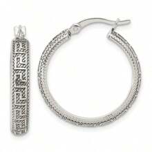 Jewelryweb  925 Sterling Silver Textured Greek Key Large Round Hoop Artisan Oxidized Earrings - 26.1x4.35mm