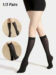 1/3 Pairs Black Grid Texture Pattern Knee High Socks, Fashionable Opaque Nylon Pantyhose, Breathable Thigh High Socks For Daily Wear, Cozy - Black - View 3