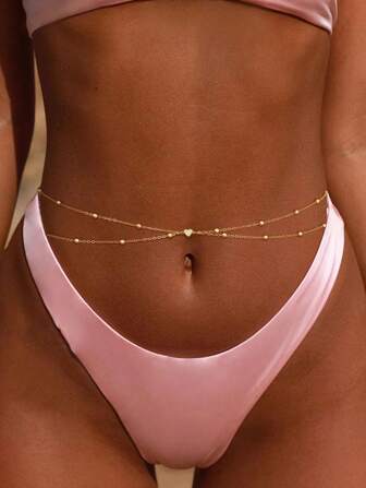 1pc Women's Minimalist Double Layer Copper Bead Heart Sexy Body Chain, Multilayer Waist Chain