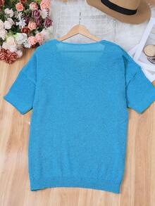 Plus Size Simple Elegant V-Neck Long Knit Sweater, Spring/Summer - Teal Blue - View 3