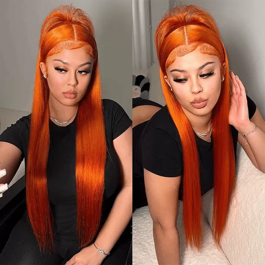 Peluca de cabello humano color jengibre con raya en el centro, peluca de cabello humano con encaje frontal transparente HD en color 350, peluca de cabello humano con cabello bebé premarcada con una densidad del 200%