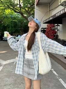 女士休闲/工作可爱格子印花轻薄长袖衬衫，秋冬 - 藍色 - 查看 1