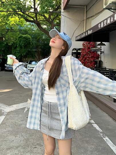 女士休闲/工作可爱格子印花轻薄长袖衬衫，秋冬