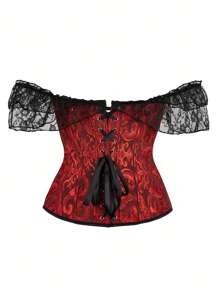 Vrouwen Off Shoulder Jacquard Taille-Cinching Kant Band Corset Top, Nieuwjaarsfeest, Valentijnsdag, Vakantie Tops