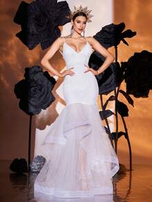 White Spaghetti Strap Sequin Mesh Backless Asymmetric Wedding Dress, Bride - White - View 3