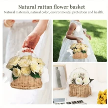 1 pièce Panier de fleur de demoiselle d'honneur en rotin fait main, panier de mariage avec poignée en perles et nœud en ruban. Parfait pour les mariages, Pâques et cadeaux de fête