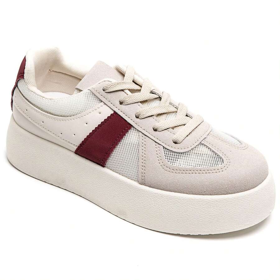 Lace-Up Thick Sole Sneakers With Beaded Details, Fashionable Platform - Burgundy - View 1
