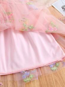 1 pieza Vestido elegante de princesa lindo para niña con adorno de mariposa 3D, manga corta, bordado floral de tul, tutú para fiesta, cumpleaños, vacaciones en la playa, primavera/verano/otoño