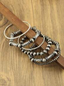 6pcs/Set Handmade Style Totem Carved Antique Silver Effect Bead Buttons Stackable Elastic Bracelets Set, Pattern Beads Multi-Piece Stretch Bracelet