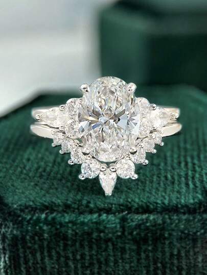 2 件/套 V 形椭圆形戒指女士珠宝 925 纯银闪亮华丽承诺戒指精美珠宝适合婚礼舞会