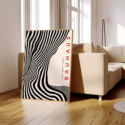 1pc Frameless Canvas Painting Print, Black Bauhaus Printable Poster, Mid Century Modern Print, Retro Bauhaus Wall Art, Wavy Minimalist Oversize Art, Geometric Exhibition Poster