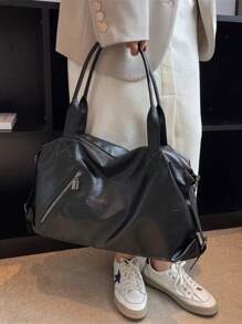1個深褐色交叉飾帶亮面PU可調節寬肩帶拉鍊開合大容量托特包復古工裝風通勤旅行女款斜背大包 - 黑色 - 查看 5