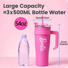 Miniso 1600毫升/54盎司芭比系列大容量吸管杯，不锈钢保温旅行杯，可爱生日礼物 - 粉色 - 查看 3