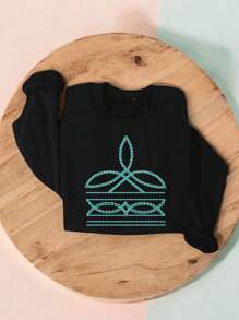 Turquoise Stone Boot Stitch Sweatshirt, Country Girl Crew Neck Sweatshirt, Country Western Sweatshirts, Cowgirl Gift Crew Neck Sweatshirts, Country Music Concert Sweatshirt, Birthday Gift Sweatshirts. TTD-398S - 黑色 - 查看 1