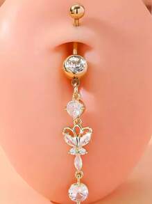 1PC  Rhinestone Butterfly Decor Navel Belly Ring Unisex Stainless Steel Crystal Punk Piercing - A Fashionable Body Jewelry Gift For Any Occasion