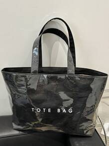 大容量时尚休闲单肩包，防水 PVC 果冻手提包，复古街头风格高端户外露营野餐旅行工作日常使用男女通用背包，带拉链，适合大学生，设计师小众品牌 - 黑色 - 查看 8