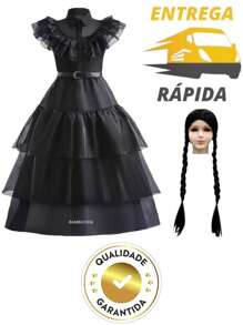 Fantasia LUXO Infantil Menina Vestido Halloween da Wandinha Vandinha 2 a 10 anos