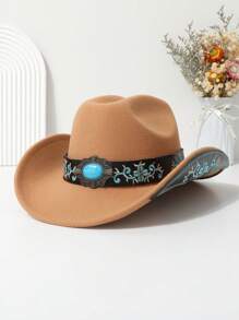 1 件女士时尚纯色檐帽，优雅刺绣多色宝石腰带牛仔帽，男女通用奢华英式风格帽子，配蓝绿松石装饰腰带，百搭波西米亚涤纶（涤纶）宝石帽，适合所有季节 - 彩色 - 查看 8