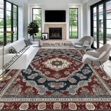 600g/㎡ 水晶天鹅绒古典东方奖章图案地毯，5mm 厚，红色和蓝色色调，适合户外露营、露台、门廊、花园、厨房、室内家居使用、房车 - 彩色 - 查看 7