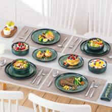 vancasso 12 Pieces Kitchen Dinnerware Set, Green Set, Stoneware Dinnerware, Plate And Bowl Set For 4 Person, Round Plate With Vertical Edge, Reactive Glazed - màu xanh lá - Xem 5