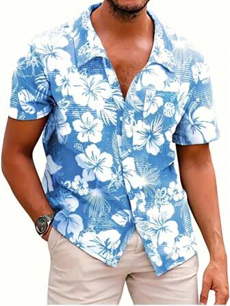 Camisa masculina com estampa floral havaiana, roupa de praia casual leve