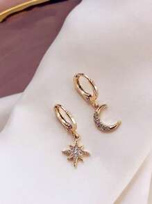 Asymmetric Star & Moon Rhinestone Earrings, Fashionable Minimalist Star Moon Design Ear Jewelry