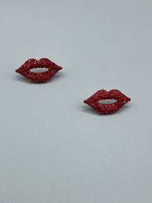 1 对红色水钻唇膏耳钉，适合日常佩戴 - 紅色 - 查看 3
