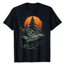 Mellotron Music Keyboard Synthesizer Sunset Forest Gift T-Shirt Graphic Tees Short Sleeve Casual Women Men T Shirts 100% Cotton Tee Shirt Womens Summer Tops Funny Print Women's T-Shirts Soft Comfy Everyday Wear Daily Gift Woman Tshirt Black - Black - View 1