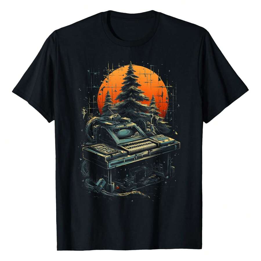 Mellotron Music Keyboard Synthesizer Sunset Forest Gift T-Shirt Graphic Tees Short Sleeve Casual Women Men T Shirts 100% Cotton Tee Shirt Womens Summer Tops Funny Print Women's T-Shirts Soft Comfy Everyday Wear Daily Gift Woman Tshirt Black - Black - View 1