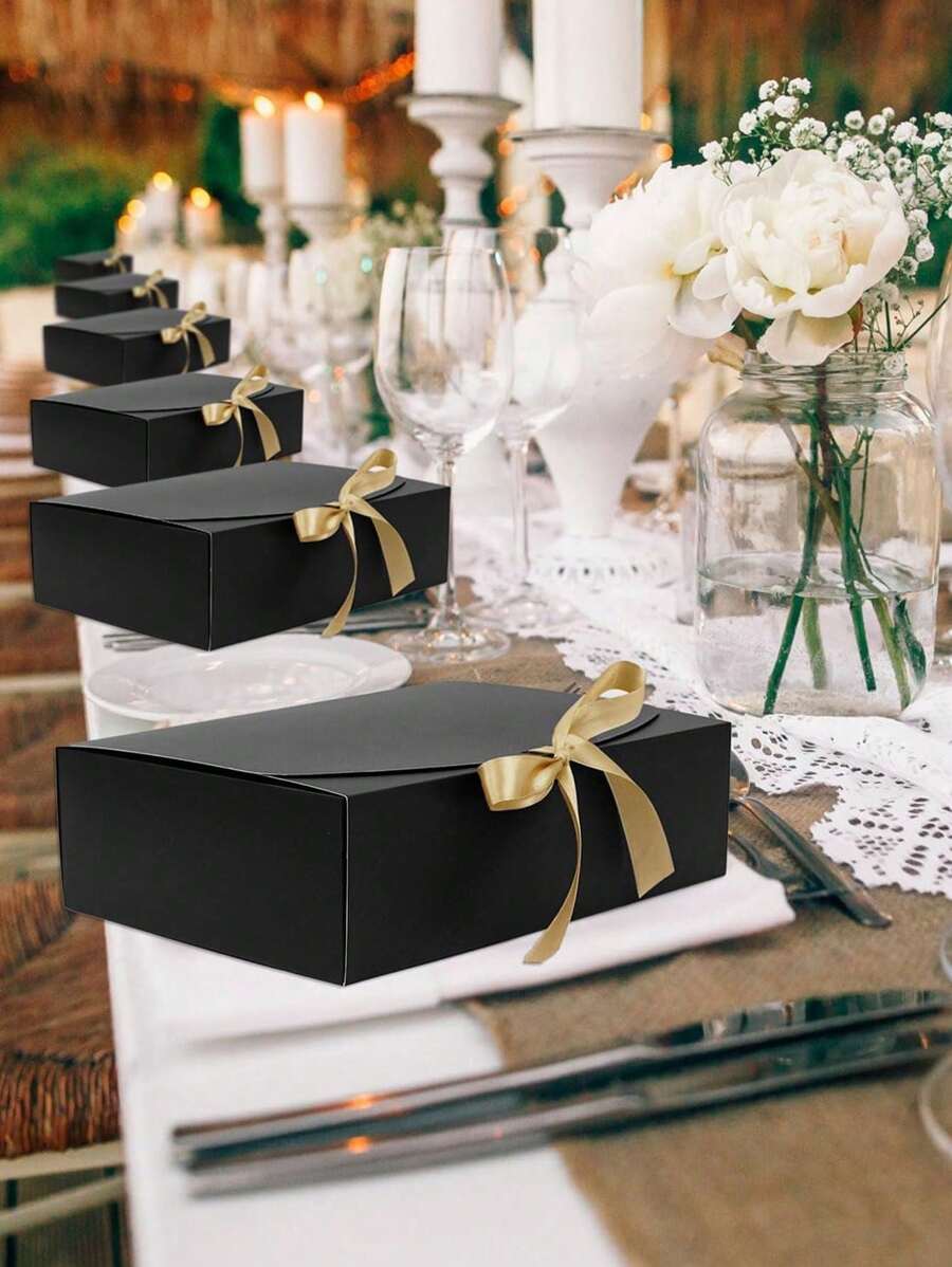 1pc Plain Color Gift Box With Gold Bow Ribbon, Kraft Paper Gift Box For Bridesmaid, Proposal, Housewarming, Wedding, Holiday, Baby Shower, Birthday, Valentine's Day Gifts - Multicolor - View 1