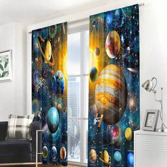 2pcs/Set Solar System Orbit Galaxy Cosmos Science Digital Print Semi-Sheer Curtains, Rod Pocket Style, Polyester Fabric, Suitable For Living Room, Bedroom, Study, Gaming Room, Home Decor