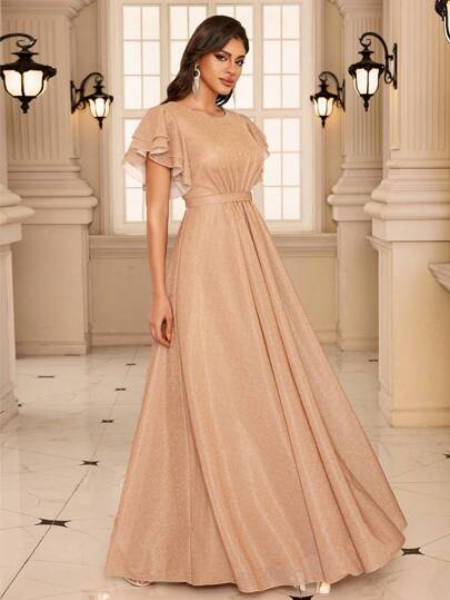 EVERLYL 春夏亮片圆领荷叶边袖派对礼服优雅宾客礼服正式香槟色晚会舞会婚礼宾客礼服，适合毕业典礼、晚宴