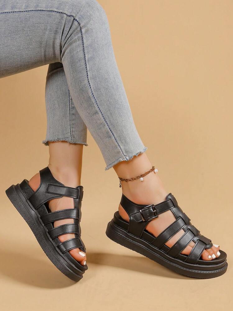 Women's Flat Sandals, New Summer Thick Sole Black Sandals, Roman Style Sandals, Non-Slip Versatile Fashion Casual Beach Sandals - Black - View 4