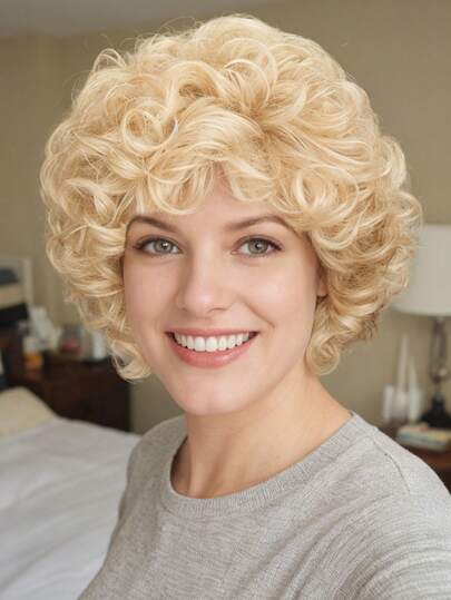 Parrucca riccio da donna da 10 pollici, elegante e dorata, adatta per taglie piccole e medie, con cuffia in rete traspirante, alta densità, parrucca sintetica versatile per uso quotidiano, feste, carnevali o festival musicali