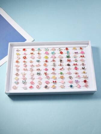 100pcs/50pcs/20pcs/10pcs Random Assorted Cute Cartoon Zinc Alloy Open Rings, Various Animal, Plant, Floral Designs, Vibrant Colors, For Daily Wear And Festivals