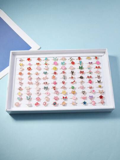 100pcs/50pcs/20pcs/10pcs Random Assorted Cute Cartoon Zinc Alloy Open Rings, Various Animal, Plant, Floral Designs, Vibrant Colors, For Daily Wear And Festivals