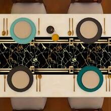 5/7pcs Luxury Placemats And Table Runner Set, Black And Gold Marble Pattern Printed Design, Waterproof And Non-Slip Table Mats, Machine Washable Polyester Rectangular Woven Table Mats, Suitable For Kitchen Dining Room, Home Decor, Party Decor - 5 件-餐墊 + 桌旗 - 查看 2