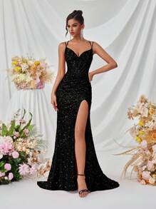 Elisanya 女士闪亮细肩带 V 领前开衩露背系带长款晚礼服、正式派对礼服、婚礼宾客礼服、毕业礼服 - 黑色 - 查看 3
