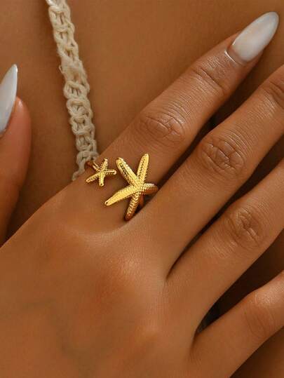 1 st. Mode Dubbele Zeester Open Ring Voor Vrouwen Goudkleurige Roestvrijstalen Ring Zomer Strandfeest Sieraden Cadeau